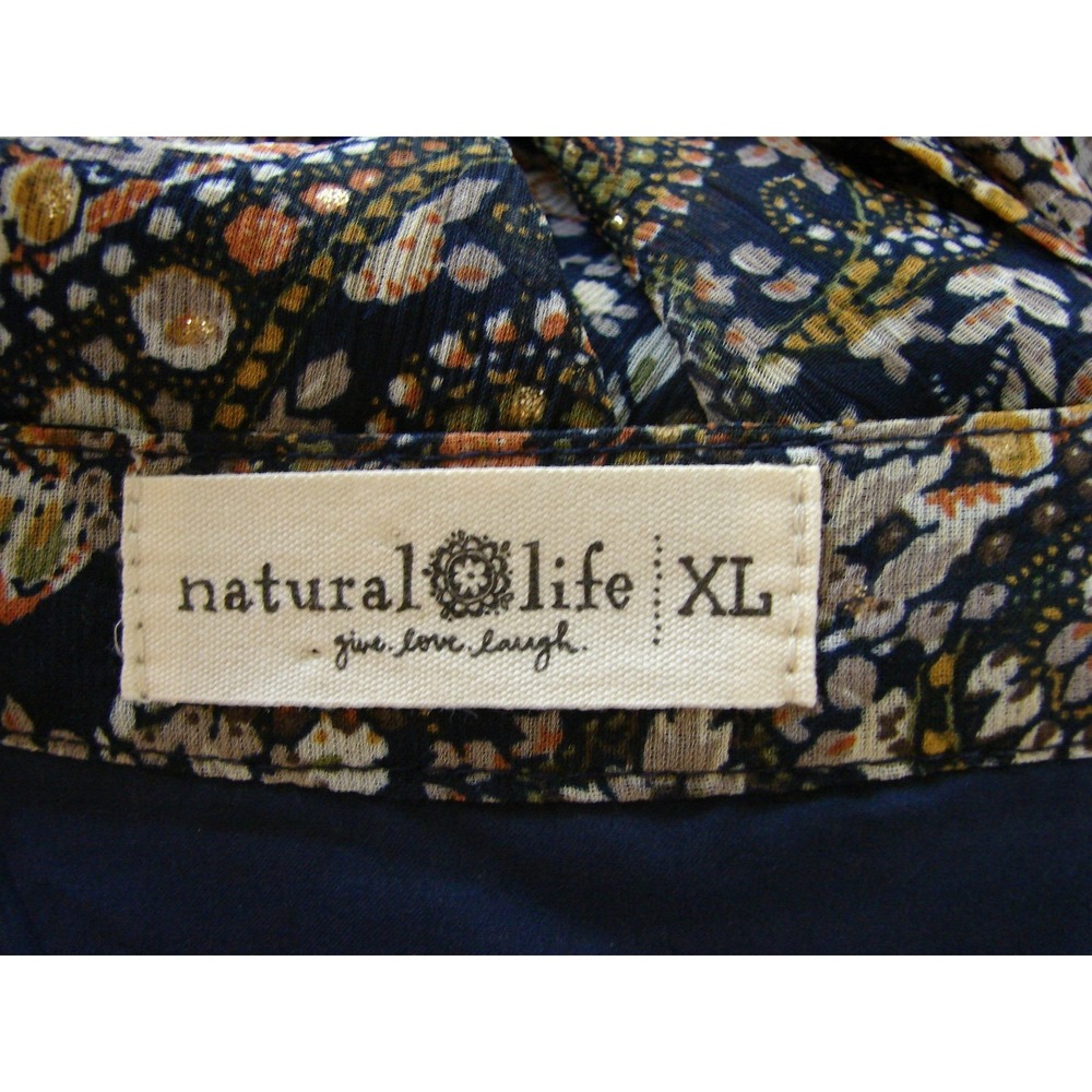 Natural Life Maxi Dress XL Boho Paisley Gold Shimmer Button Front Lined Navy - Picture 6 of 7